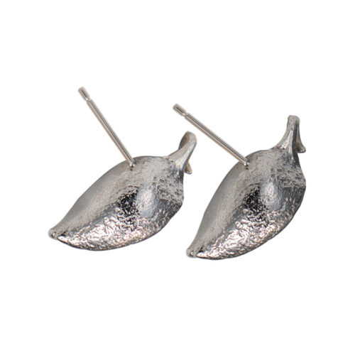 Handcrafted sterling silver earrings with organic sculptural shape cradling a freshwater pearl, available in white or black.