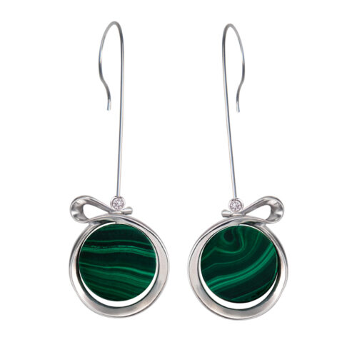 14k White Gold earrings with green malachite discs and a small diamond accent, elegant handcrafted fine jewelry