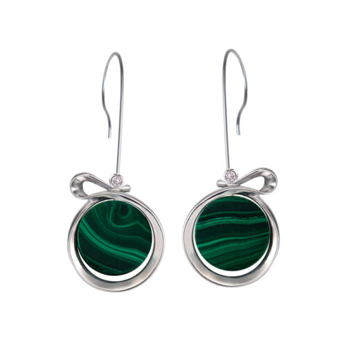 14k White Gold earrings with green malachite discs and a small diamond accent, elegant handcrafted fine jewelry