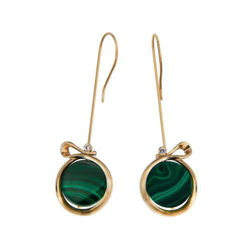 18k gold earrings with green malachite discs and a small diamond accent, elegant handcrafted fine jewelry