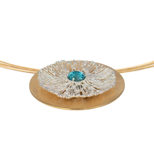 Artisan pendant in 18k gold and sterling silver with Swiss blue topaz – When All Roads Lead to You by Aleksandra Vali