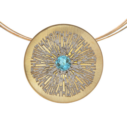 Artisan pendant in 18k gold and sterling silver with Swiss blue topaz – When All Roads Lead to You by Aleksandra Vali