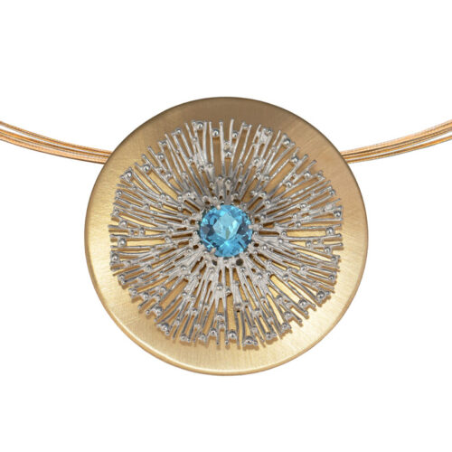 Artisan pendant in 18k gold and sterling silver with Swiss blue topaz – When All Roads Lead to You by Aleksandra Vali