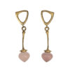 Pair of 18k gold drop earrings featuring an open triangular stud with a softly textured surface, connected to a slender elongated gold link and finished with a polished heart-shaped rose quartz drop in a soft blush pink tone.